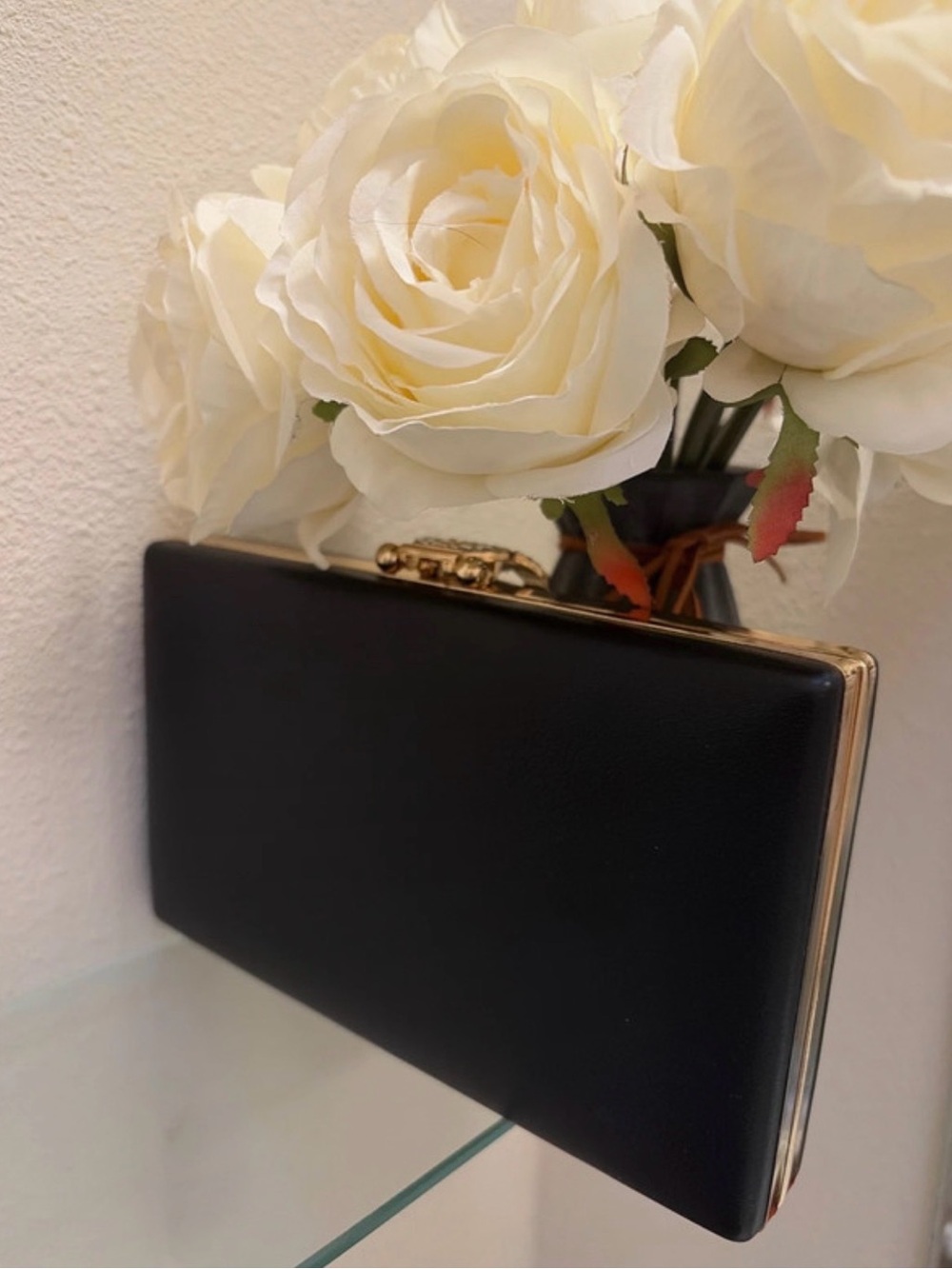 Black Evening Clutch with Gold Crystal Ring Accent - Picture 2 of 8